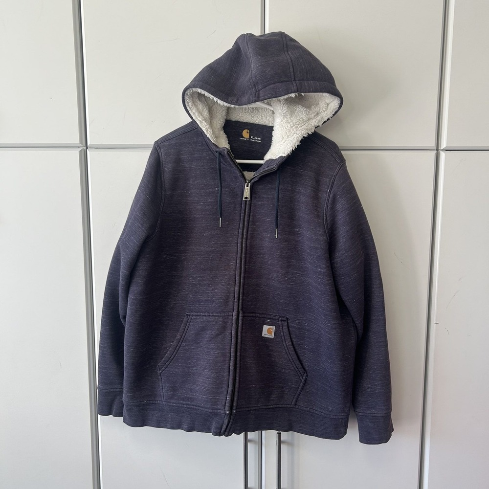 Carhartt Boys XL 16-18 Sherpa Lined Full Zip Hoodie Navy Blue Heather Sweatshirt